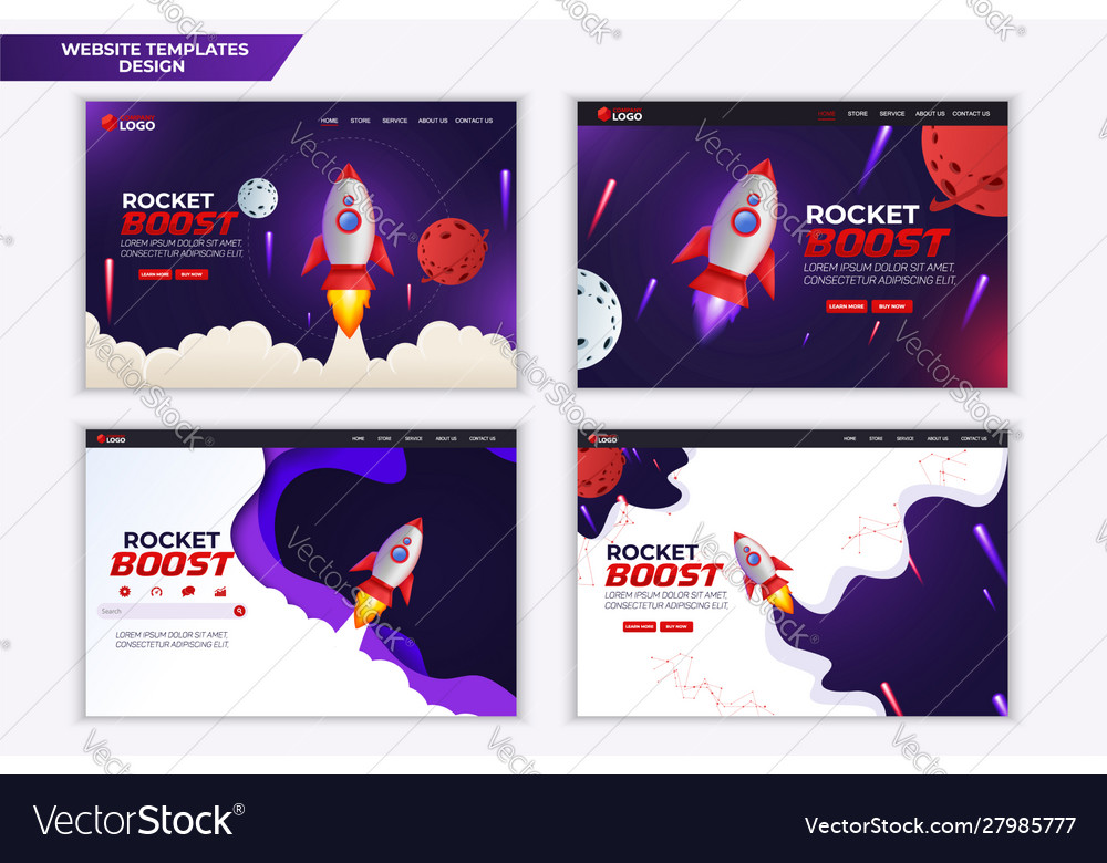 Rocket boost website landing page template design vector image Rocket boost website landing page template design