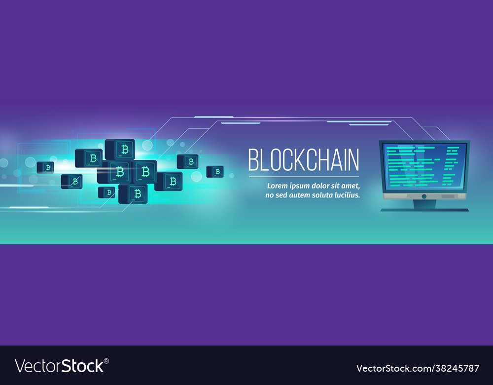 Blockchain poster banner with bitcoins