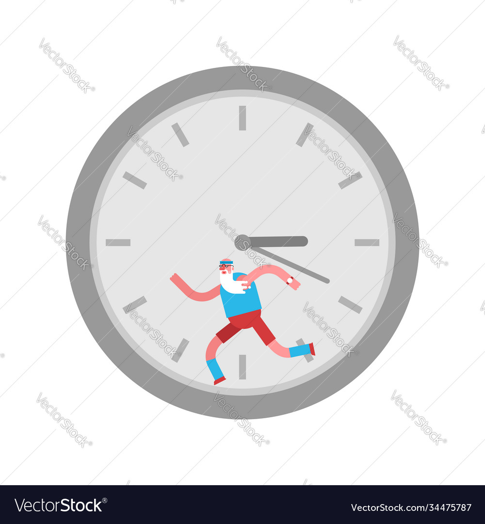 Old man runs inside clock age run away from