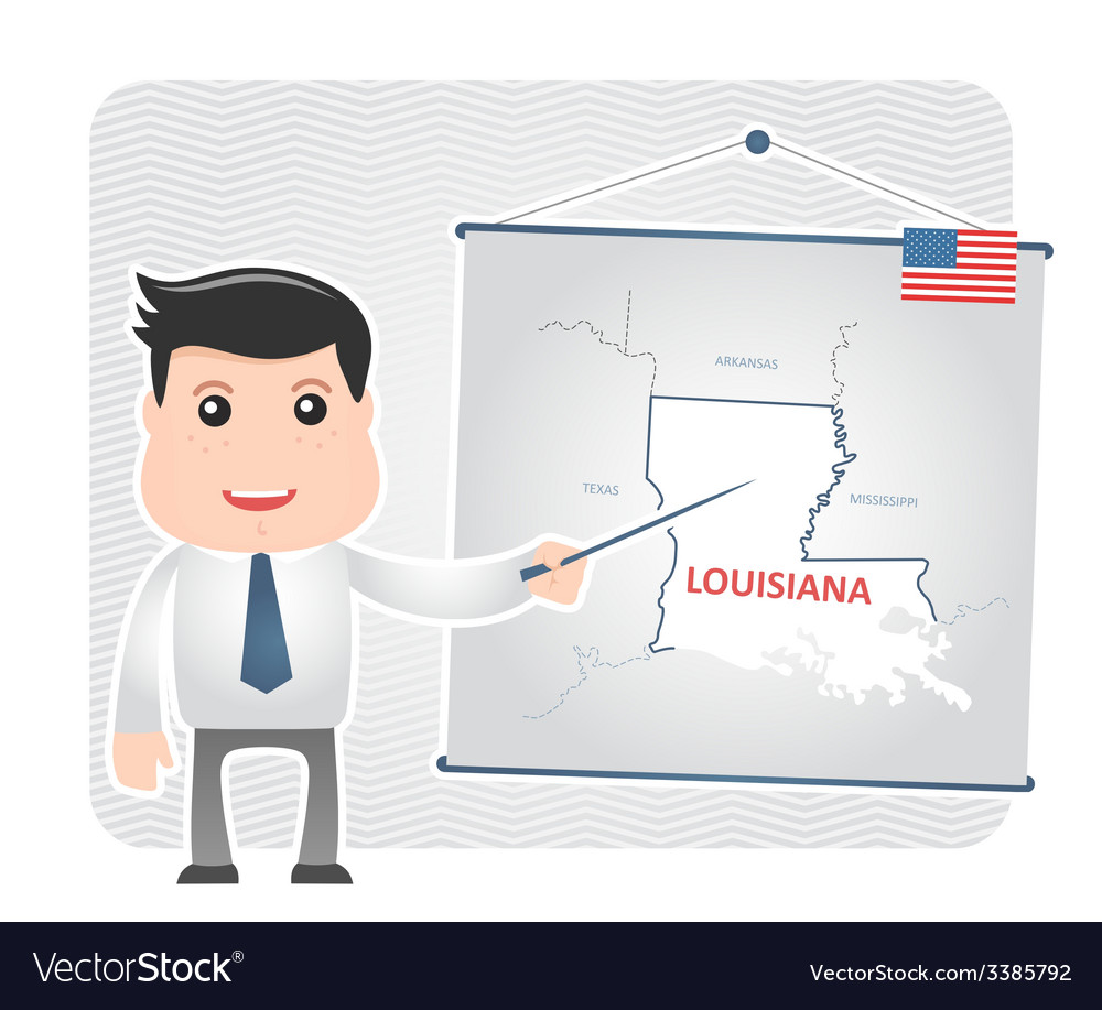Mann mit einem Zeiger Punkte auf die Karte von louisiana