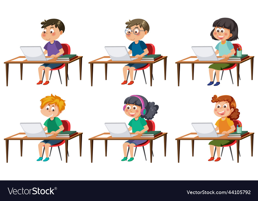 Set of different kids studying on laptop Vector Image