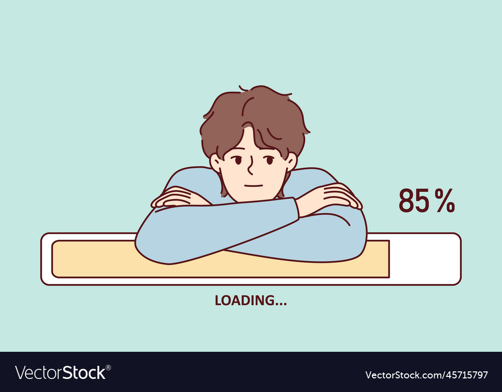 Bored man leaning on progress line loading waiting