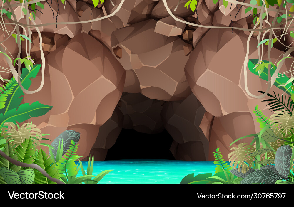 Landscape cave at river in jungle Royalty Free Vector Image