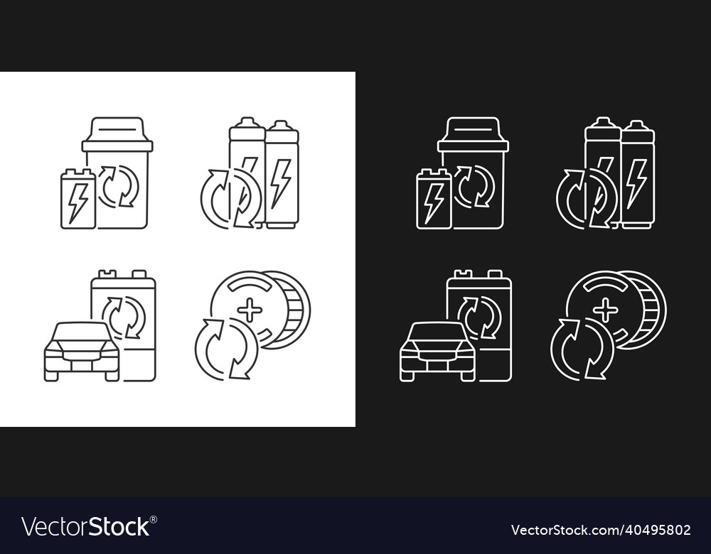 Recyclable battery types linear icons set vector image Recyclable battery types linear icons set