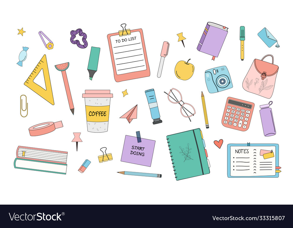 Collection school supplies items for education vector image Collection school supplies items for education