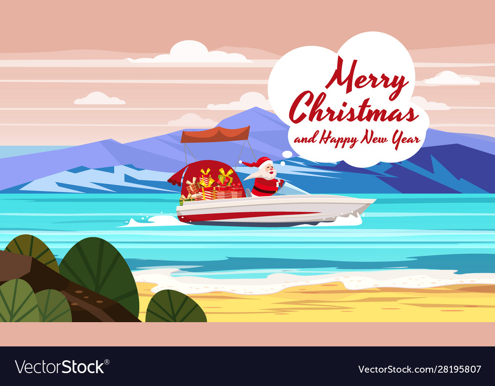 Merry christmas santa claus on speed boat ocean