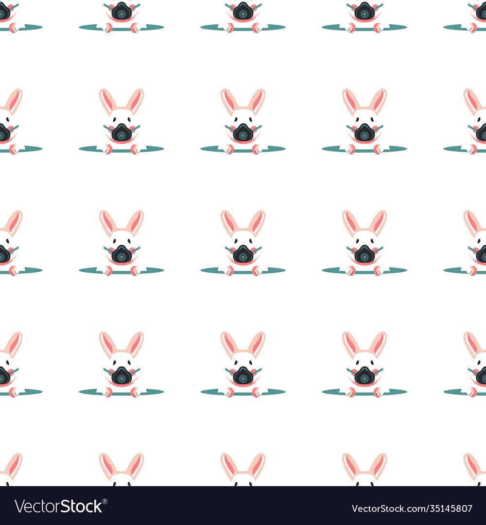 Seamless pattern with rabbits in respirators flat