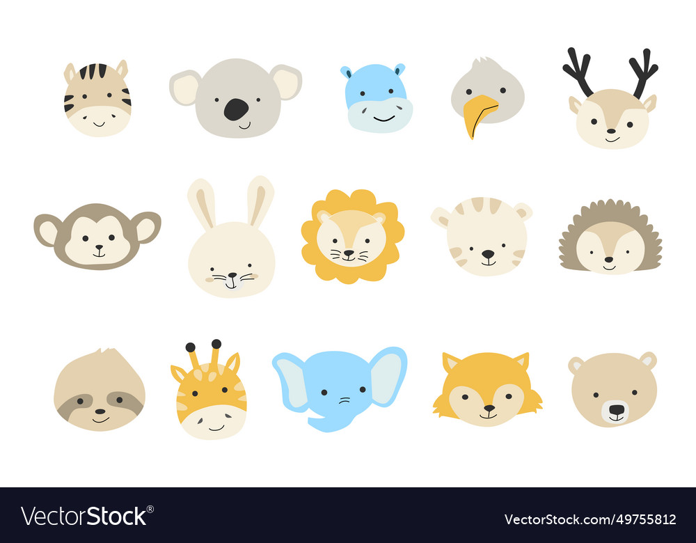 Big set of animal head portraits with cute face Vector Image