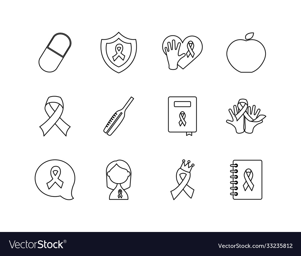 Cancer ribbon and breast icon set line