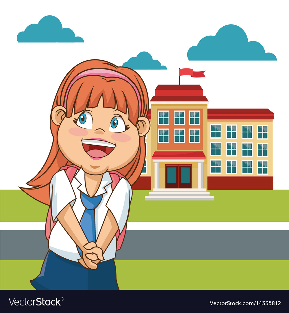 Cute girl student school building facade cloud