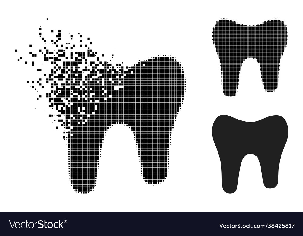 Decomposed dot tooth icon with halftone version