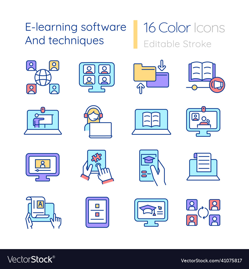 Elearning software and techniques rgb color icons vector image Elearning software and techniques rgb color icons