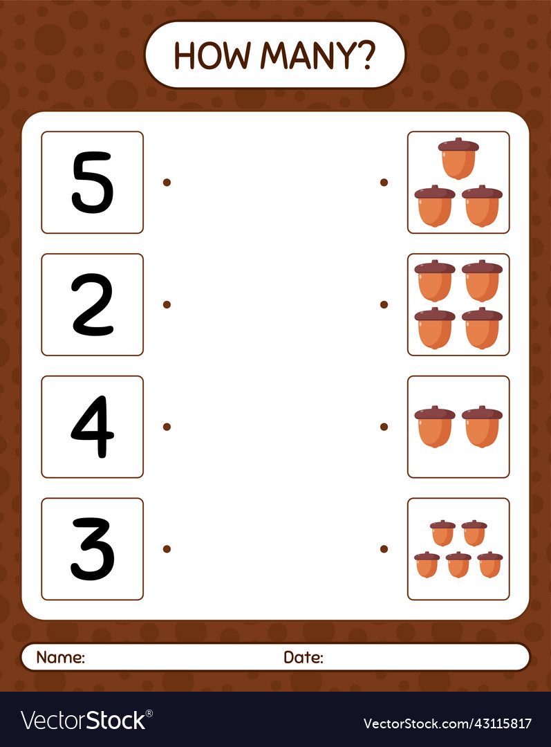 How many counting game with acorn worksheet vector image How many counting game with acorn worksheet
