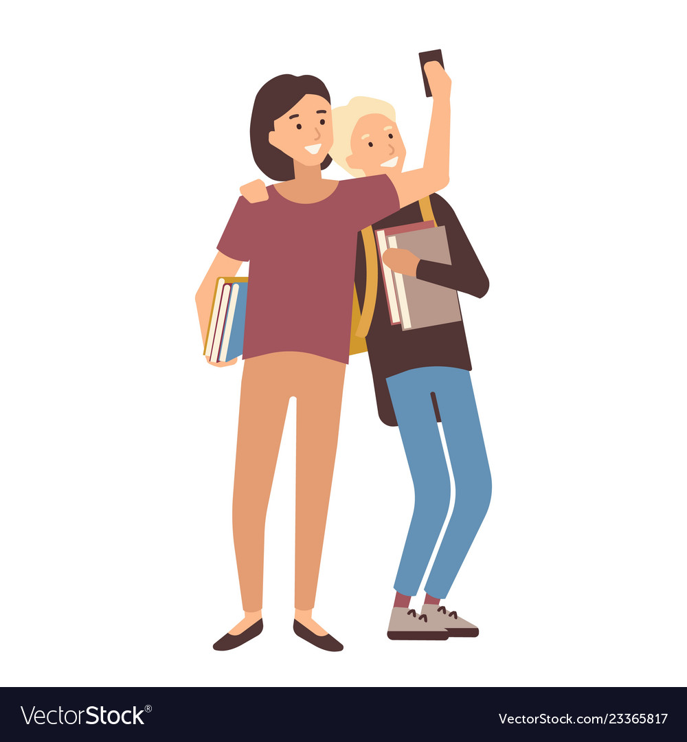 Pair of students holding books and making selfie Vector Image