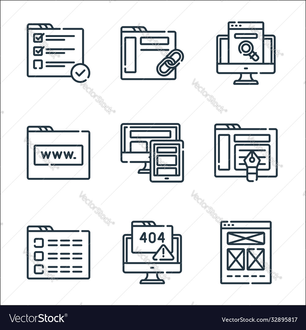 Web development line icons linear set quality vector image Web development line icons linear set quality