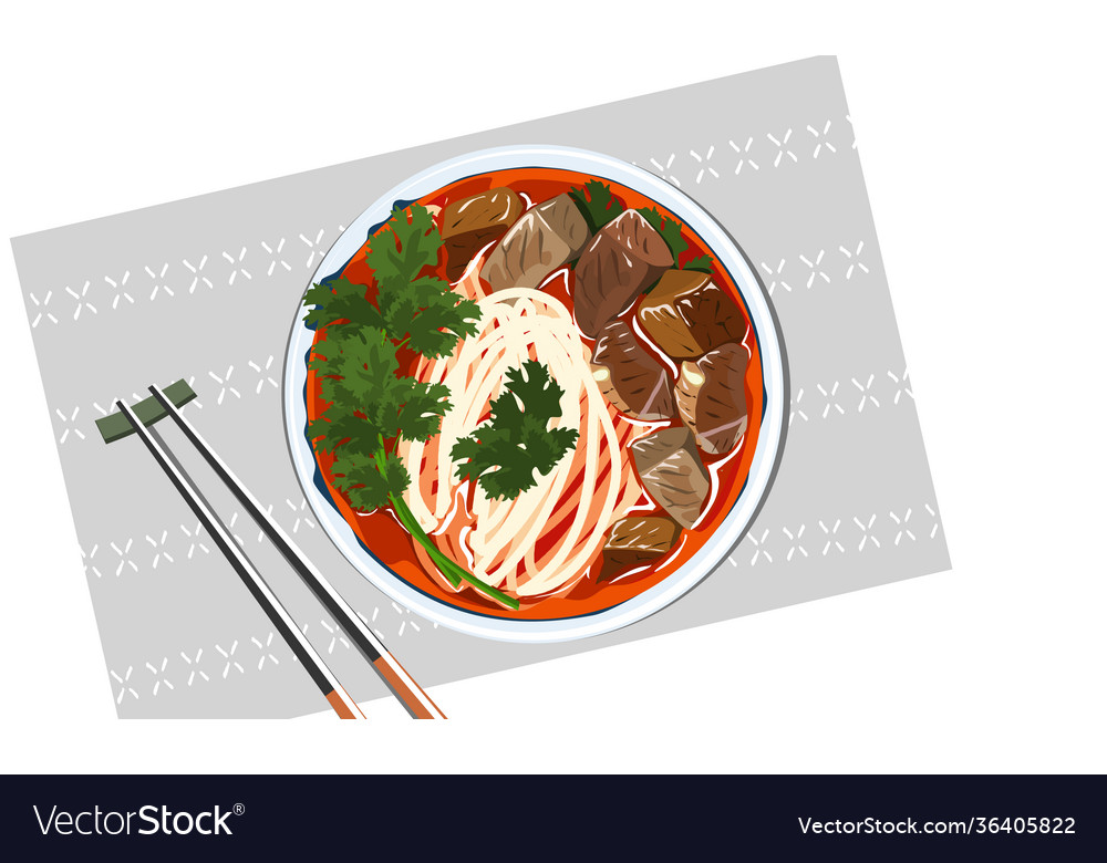 Beef noodles with spicy soup on plate mat