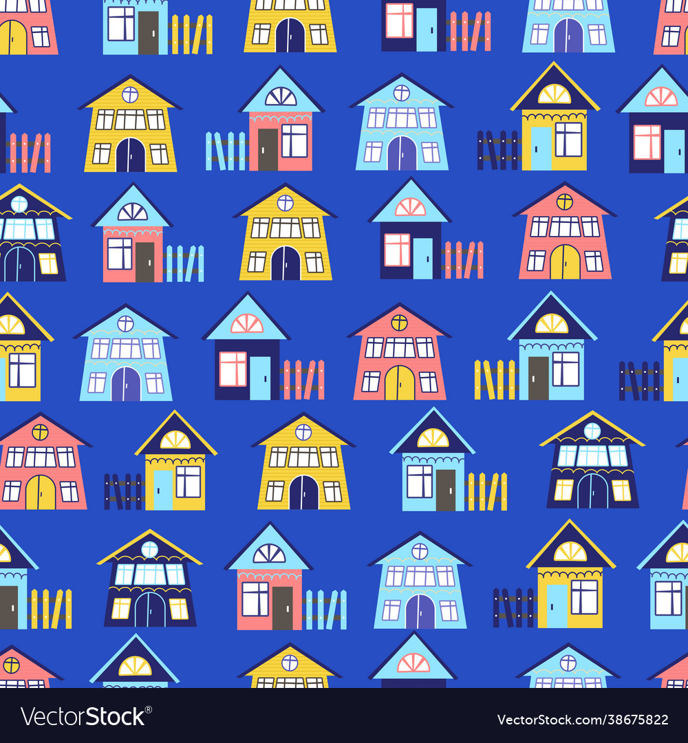 Funny multi-colored houses pattern on a blue