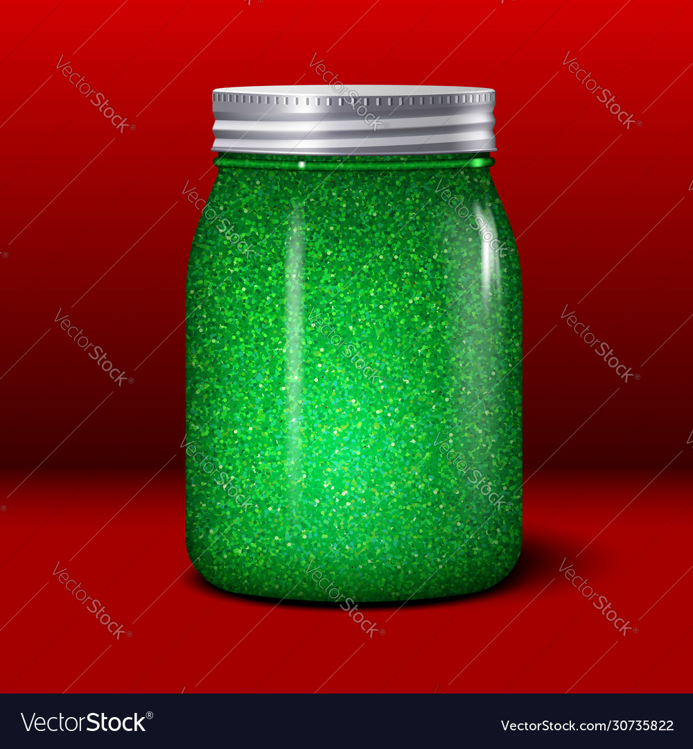 Glitter jar realistic object with shiny green vector image Glitter jar realistic object with shiny green