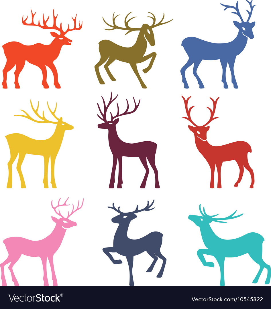 Nine colored deer set silhouettes
