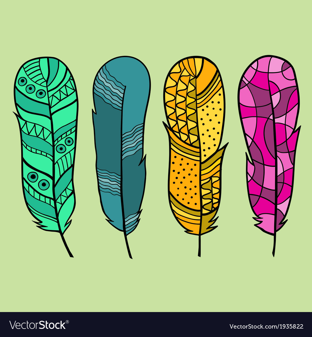 Set of four isolated hand drawn feather Royalty Free Vector