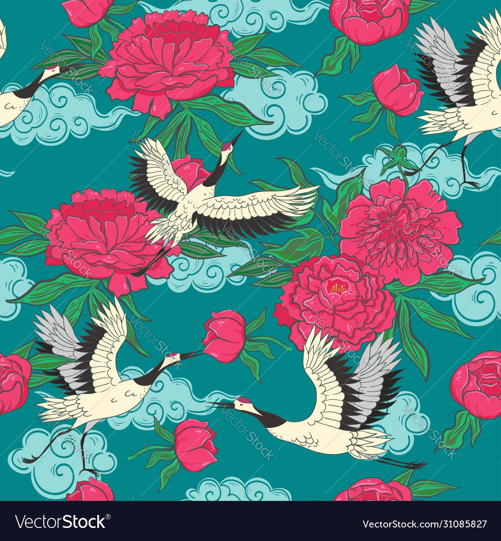 Cranes and Peonies Seamless Pattern