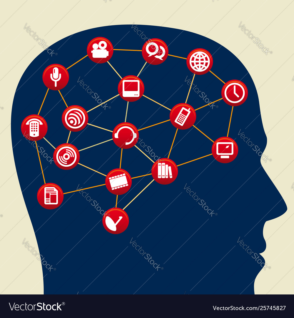 Head with interconnected icons as a brain