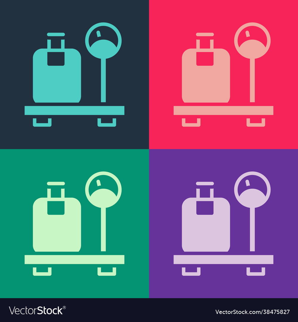 Pop art scale with suitcase icon isolated on color