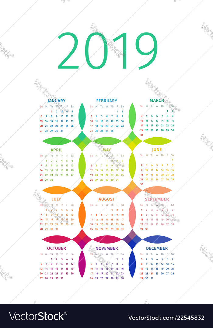Colorful 2019 calendar with multicolored patterns vector image Colorful 2019 calendar with multicolored patterns