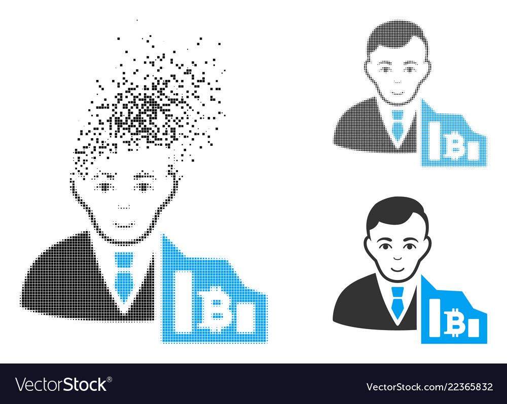 Destructed pixel halftone bitcoin trader icon vector image Destructed pixel halftone bitcoin trader icon