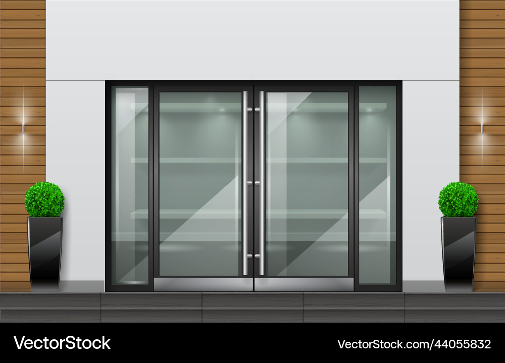 Double glass black doors front facade mockup Vector Image