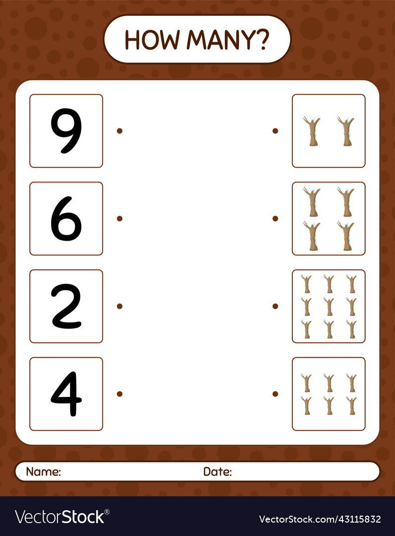 How many counting game with dead tree worksheet vector image How many counting game with dead tree worksheet