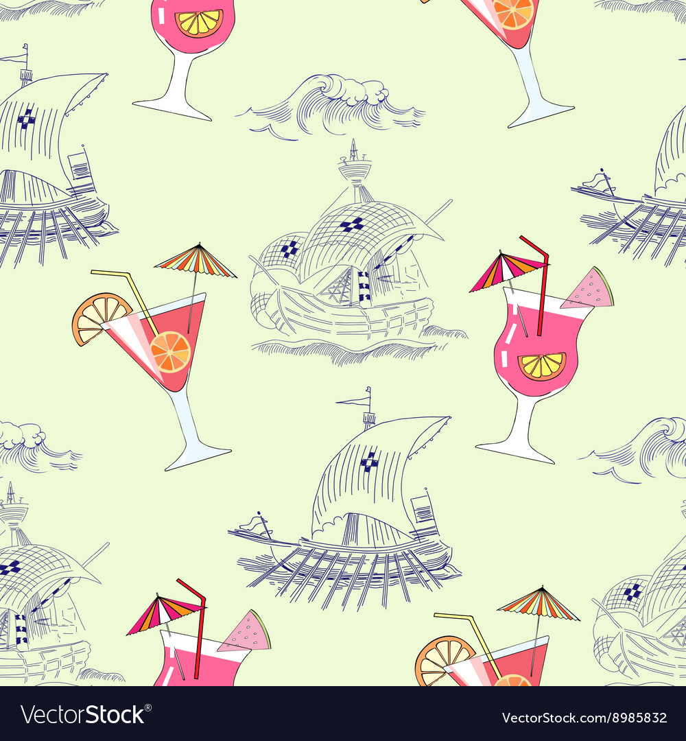 Seamless pattern with waves ships and cocktails