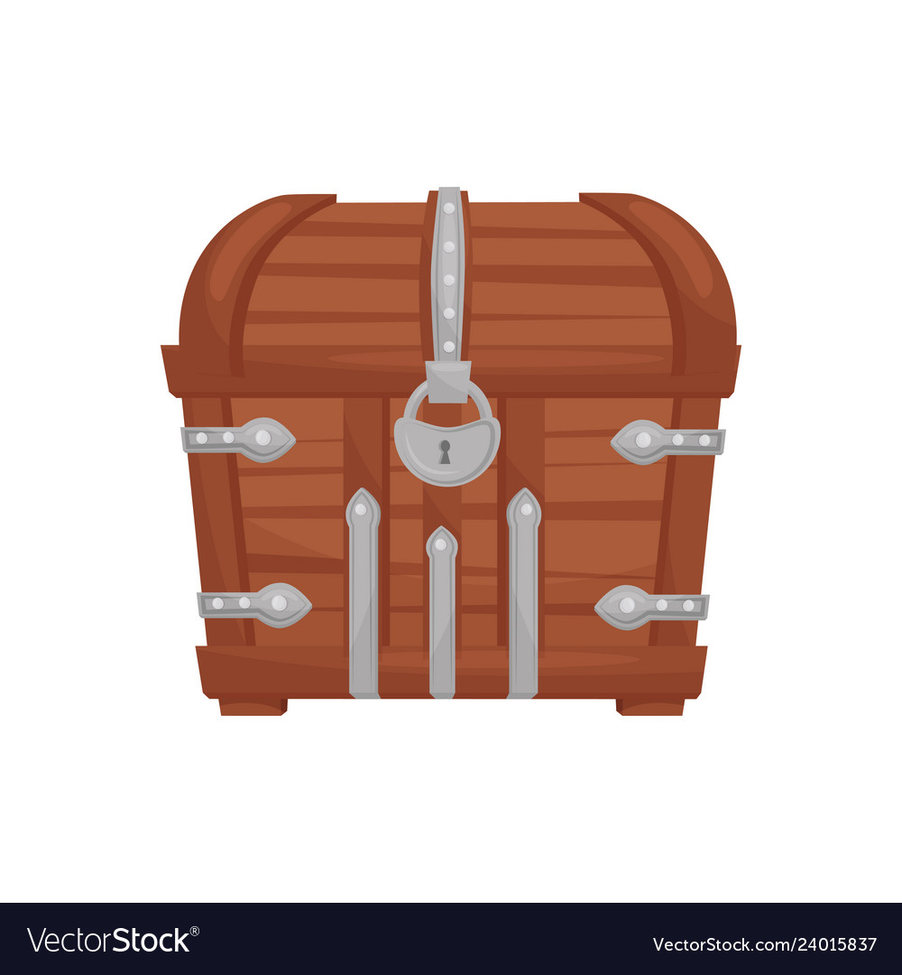 Flat icon of brown wooden chest with metal