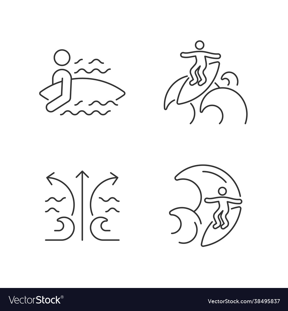 Riding wave using board linear icons set vector image Riding wave using board linear icons set