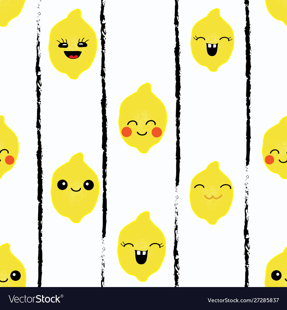 Seamless pattern kawaii happy lemon faces