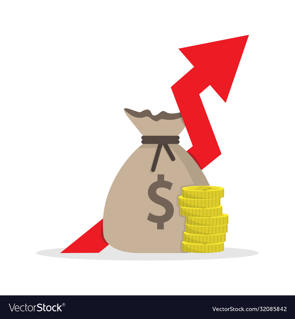 Bag and a stack coins with an up arrow simple vector image Bag and a stack coins with an up arrow simple