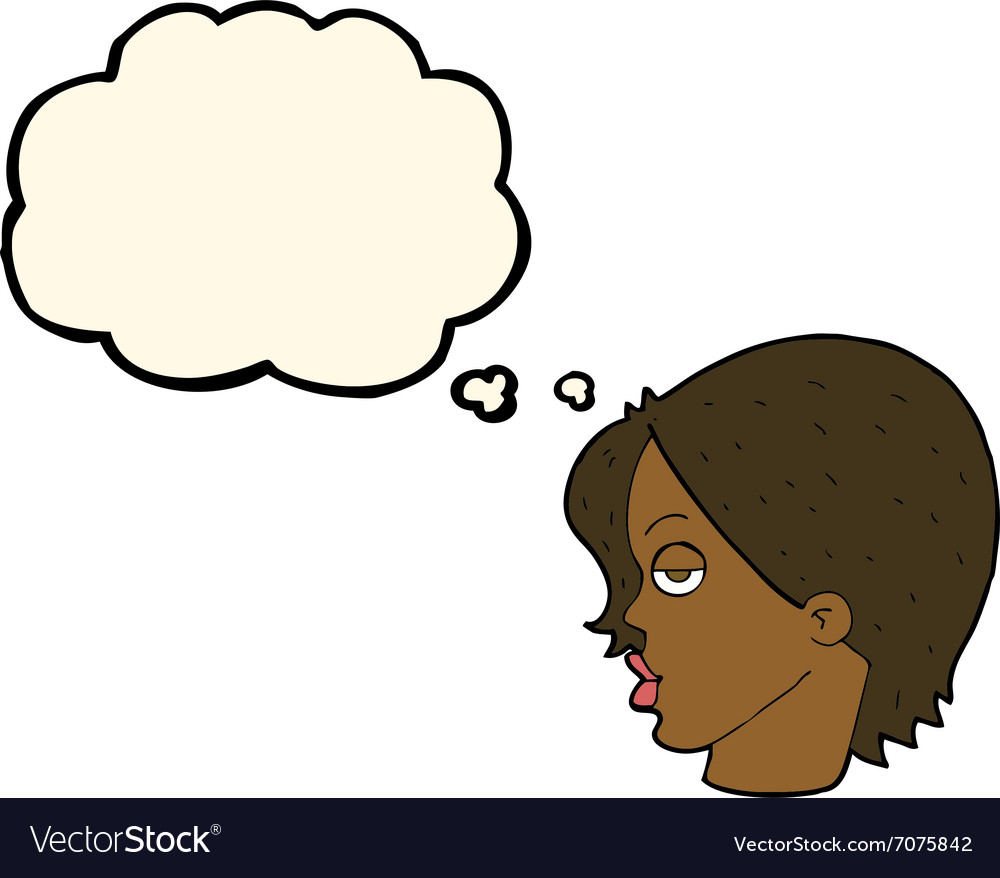 Cartoon woman raising eyebrow with thought bubble