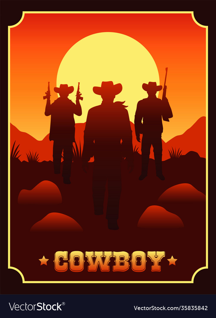 Cowboy lettering in wild west scene with cowboys