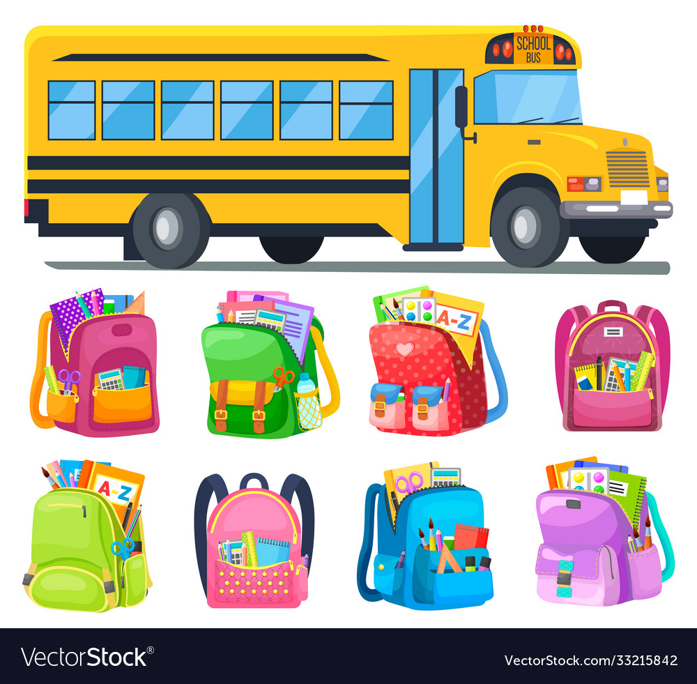 School bus and schoolbags with stationery or books