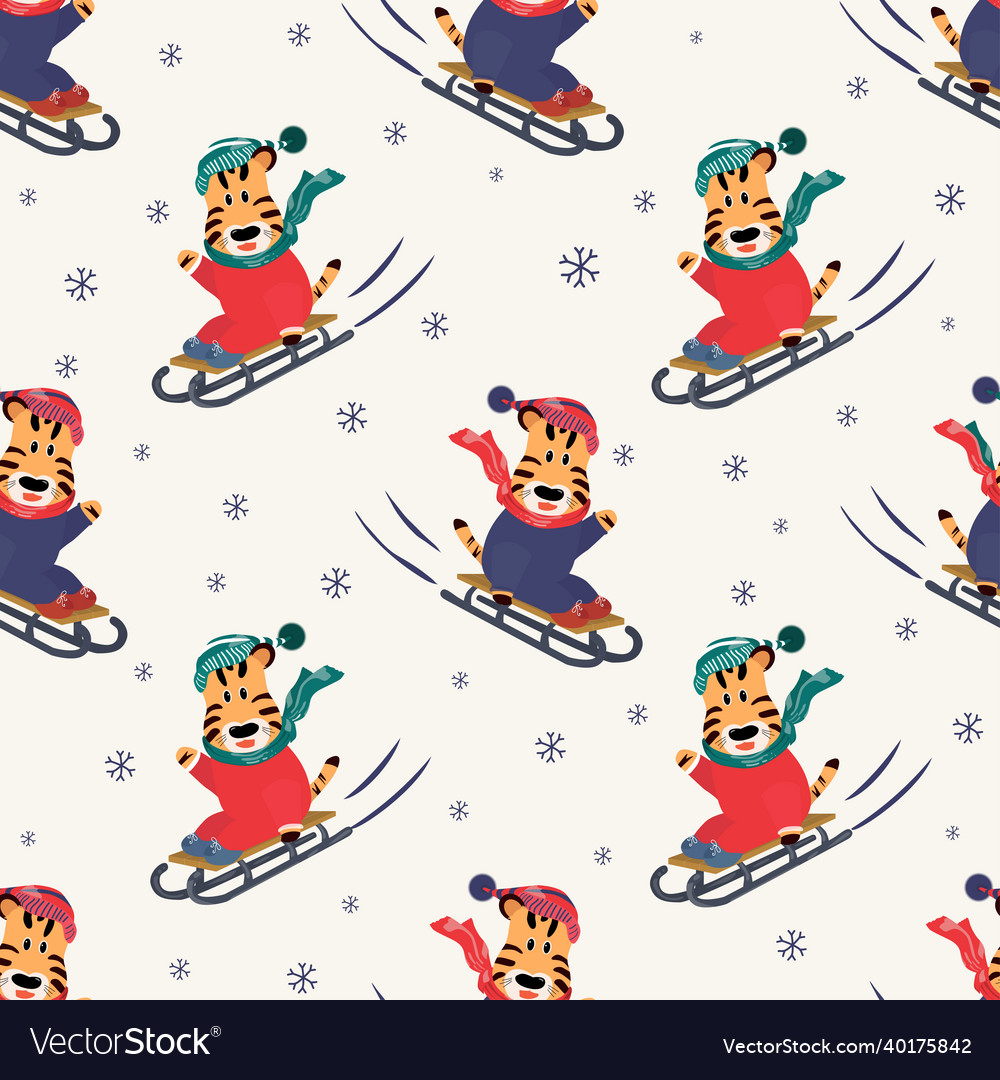 Seamless pattern with tiger sledding Vector Image Seamless pattern with tiger sledding