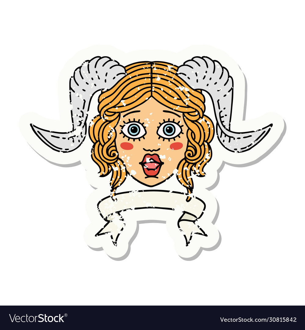 Tiefling character face with scroll banner