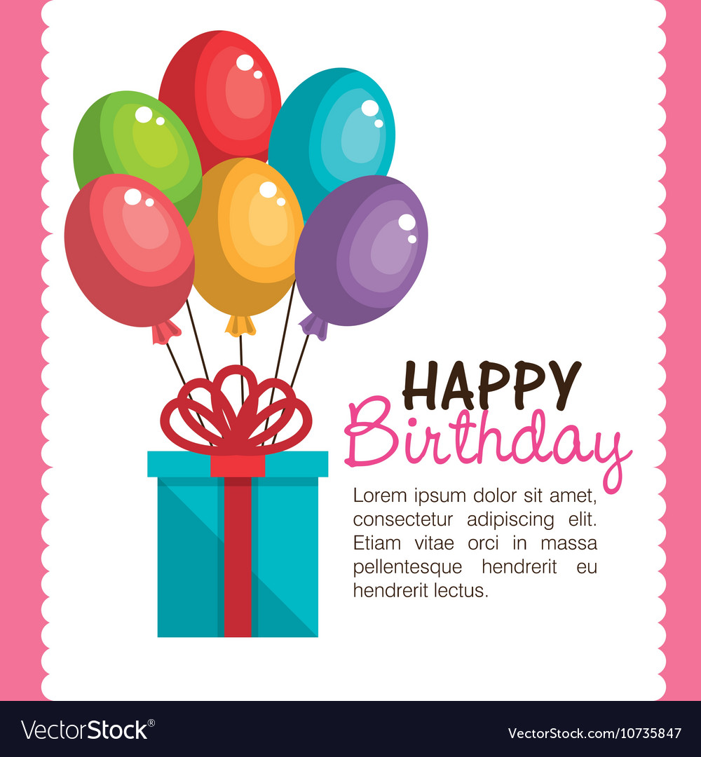 Birthday card gift and balloons colors graphic Vector Image