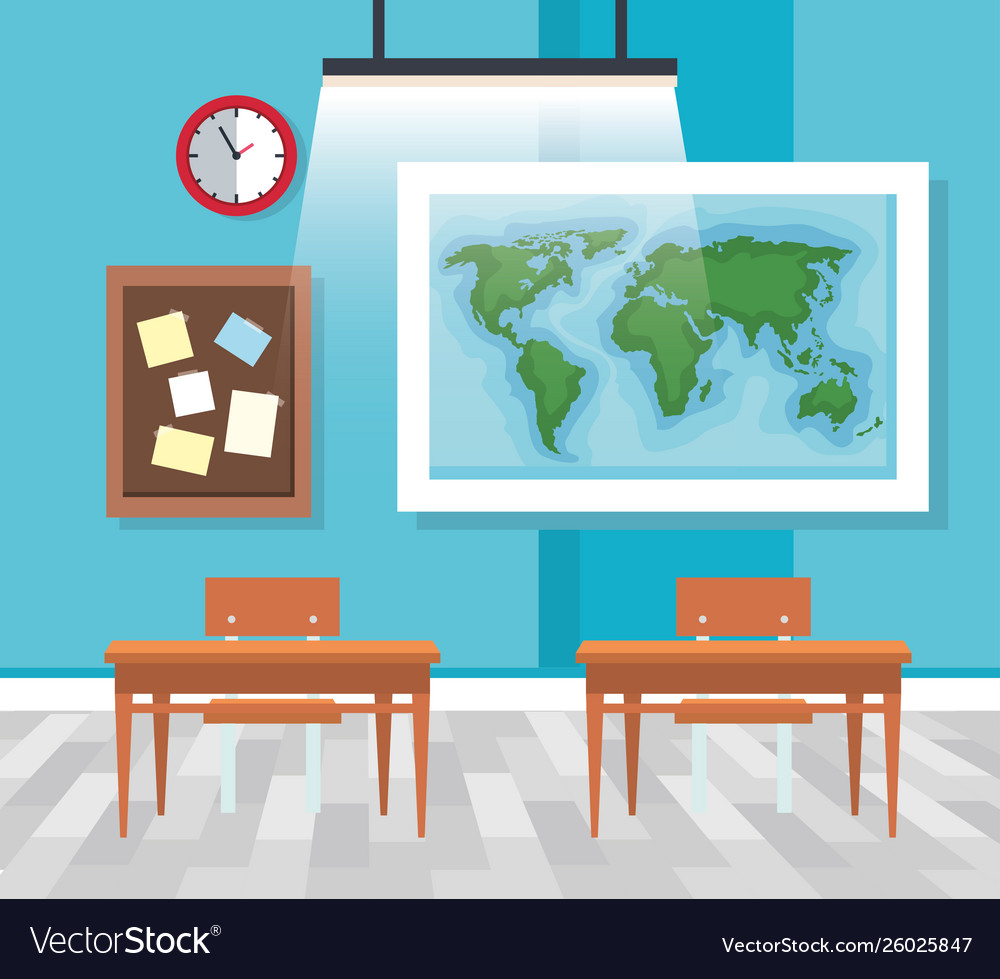 Classroom with global map and note board