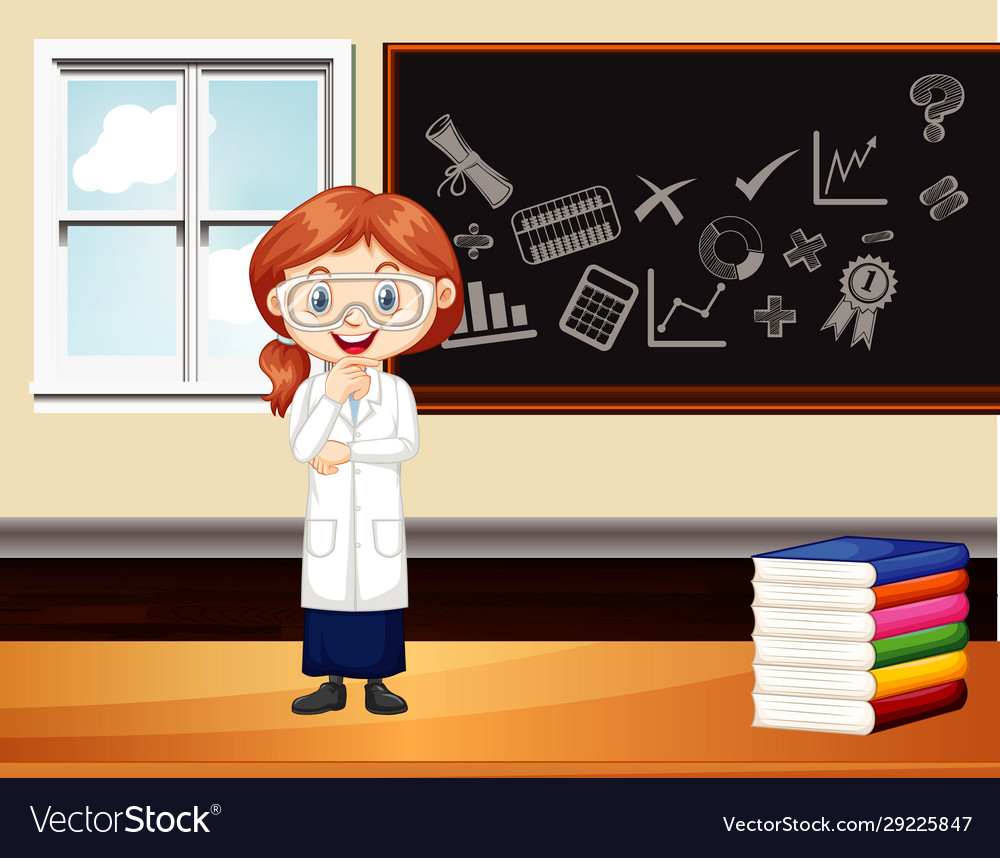 Scene with girl in science gown standing