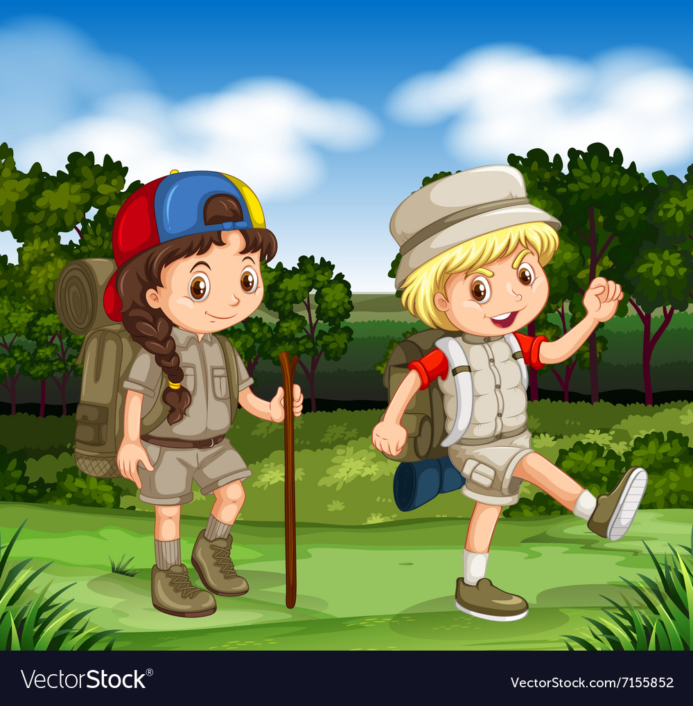 Boy and girl hiking in the park Royalty Free Vector Image