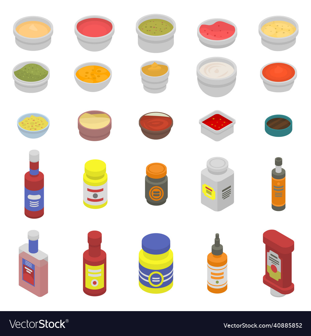 Condiment icons set isometric style