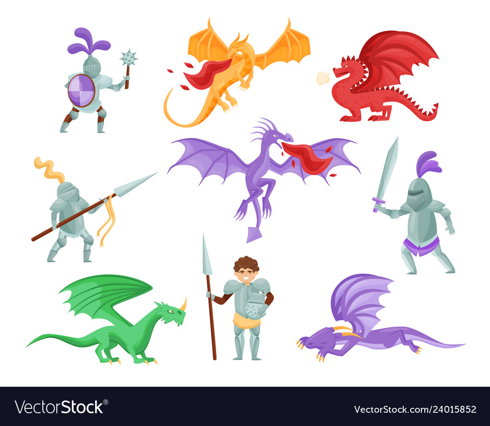 Flat set of dragons and medieval knights