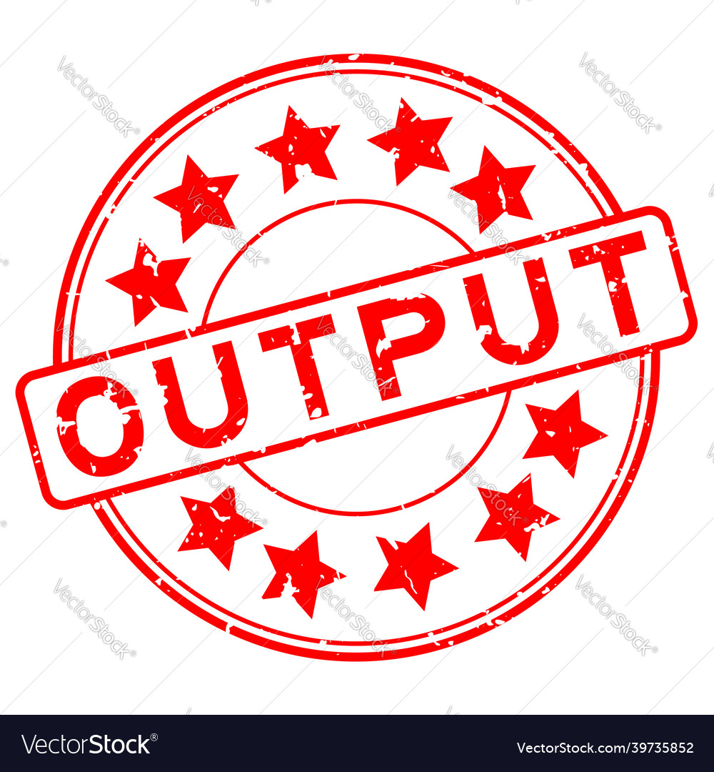 Grunge red output word with star icon round vector image Grunge red output word with star icon round