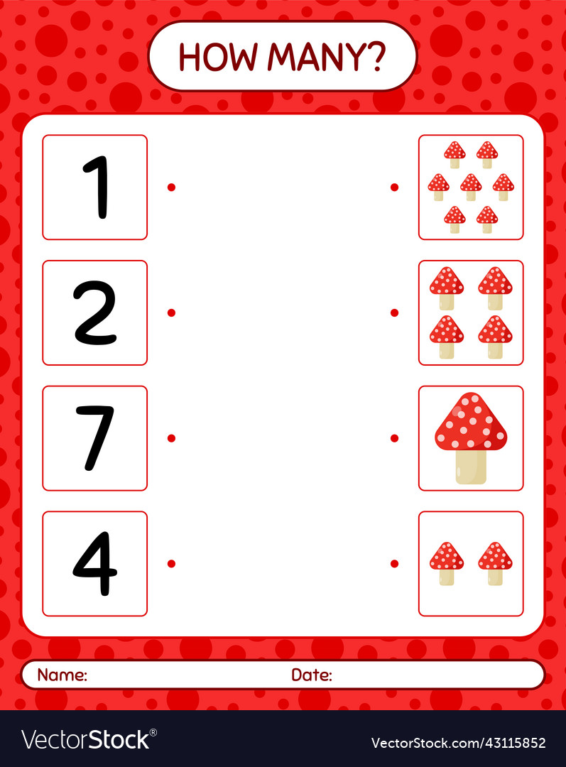 How many counting game with mushroom worksheet Vector Image How many counting game with mushroom worksheet
