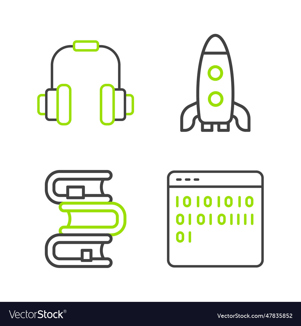 Set line binary code book rocket ship vector image Set line binary code book rocket ship